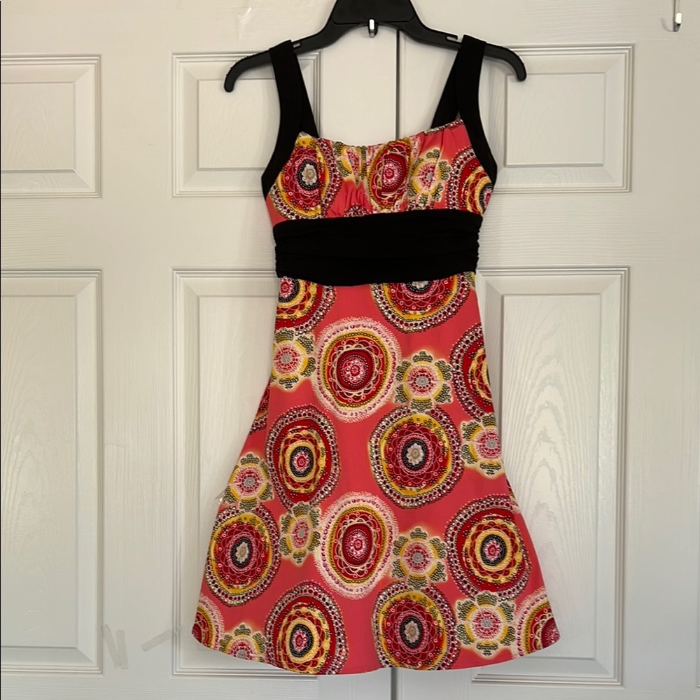 B Darlin Black and Orange A-Line Sundress with vibrant circular patterns Small